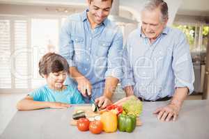 Man chopping vegetable with son and father