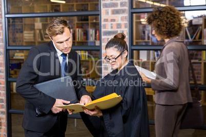 Lawyer looking at documents and interacting with businessman