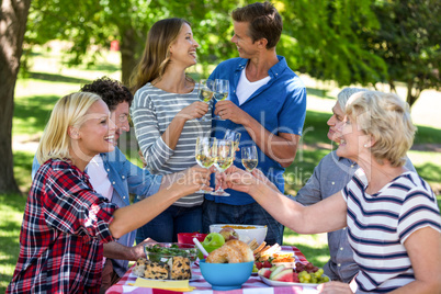 Friends having a picnic with wine