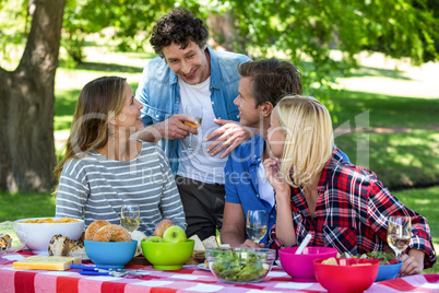 Friends having a picnic with wine