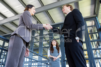 Businessman shaking hands with businesswoman