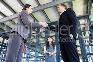 Businessman shaking hands with businesswoman