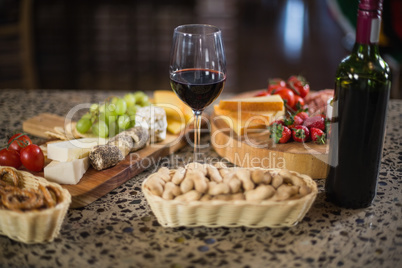 Wine bottle with a glass and a buch of food