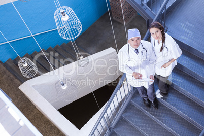 Portrait of doctors standing on staircase