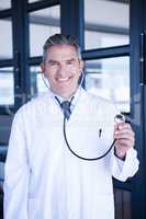 Portrait of male doctor showing stethoscope