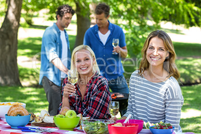 Friends having a picnic with wine and barbecue