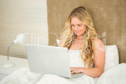 Pretty woman using laptop in her bed