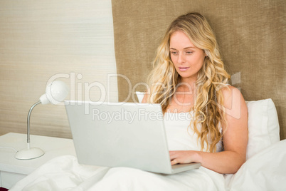 Pretty woman using laptop in her bed