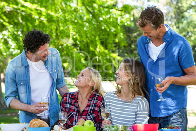 Friends having a picnic with wine