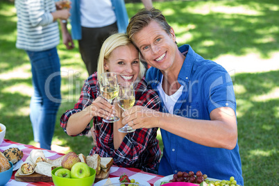 Friends having a picnic with wine