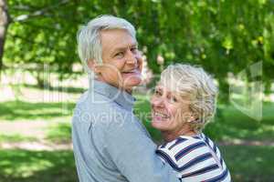 Rear view of senior couple embracing