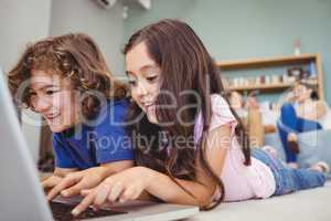 Close-up of siblings using laptop at home