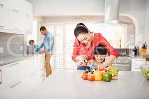 Woman teaching daughter to cut vegetables at table