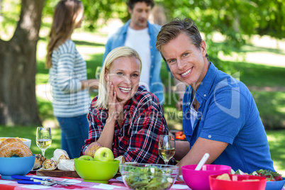 Friends having a picnic with wine and barbecue