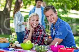 Friends having a picnic with wine and barbecue