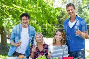 Friends having a picnic with wine