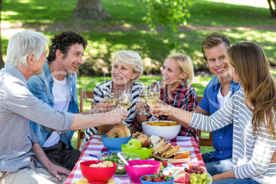 Friends having a picnic with wine