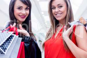 Portrait of two beautiful women shopping in mall