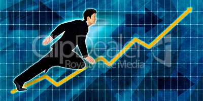 Chinese Businessman Running with Chart Graph Background