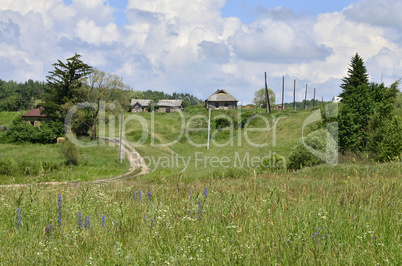 Rural summer landscape with the image of the old village