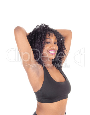 African American woman in exercise outfit.