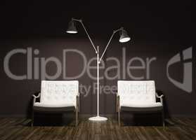 Modern evening interior of room with two armchairs 3d render