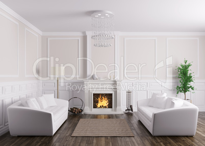 Classic interior of living room with sofas and fireplace 3d rend