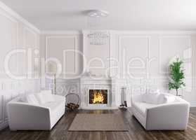 Classic interior of living room with sofas and fireplace 3d rend