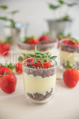 Vanillepudding mit Schokokeksen und Erdbeeren