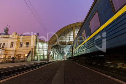 The train on the platform of railroad station in Lviv .