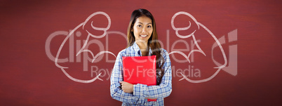 Composite image of smiling asian woman holding red book