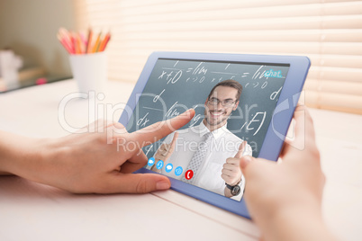 Composite image of positive businessman posing with thumbs up