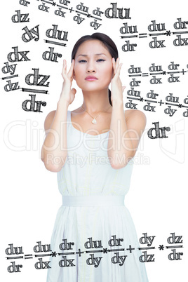Composite image of concerned woman posing and looking at camera