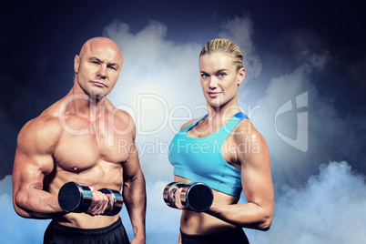 Composite image of portrait of muscular man and woman lifting du