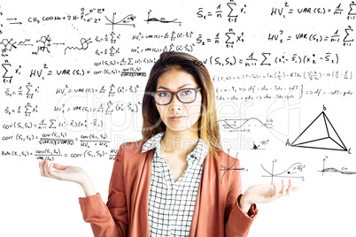 Composite image of doubtful businesswoman with eyeglasses