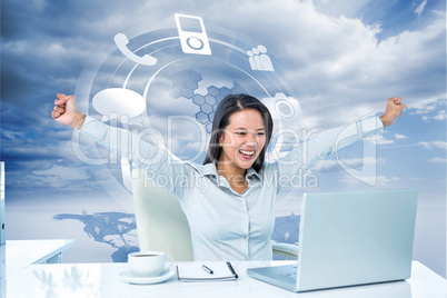 Composite image of happy businesswoman with raised arms