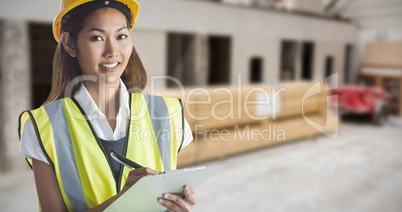 Composite image of architect woman with yellow helmet and plans