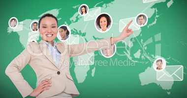 Composite image of smiling asian businesswoman pointing