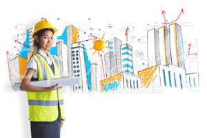 Composite image of architect woman with yellow helmet and plans