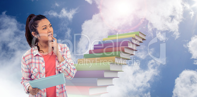 Composite image of thoughtful woman with finger on chin holding