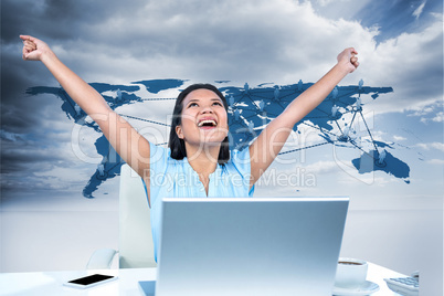 Composite image of celebrating woman with arms raised