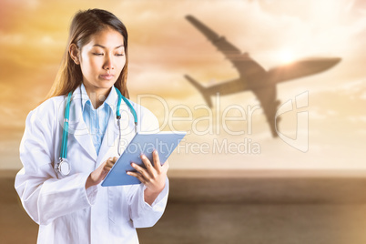 Composite image of asian doctor using tablet