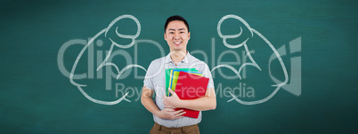 Composite image of smiling man holding files