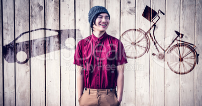 Composite image of portrait of laughing hipster man