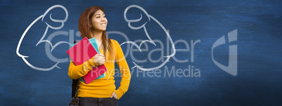 Composite image of female college student with books in park