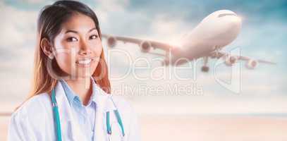Composite image of asian doctor with stethoscope looking at came
