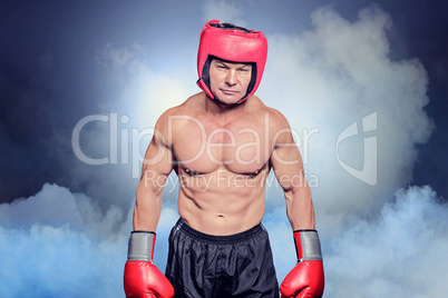 Composite image of portrait of shirtless man with boxing headgea