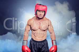 Composite image of portrait of shirtless man with boxing headgea