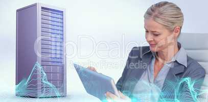 Composite image of businesswoman using tablet