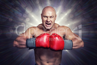Composite image of angry bald boxer with punching gloves